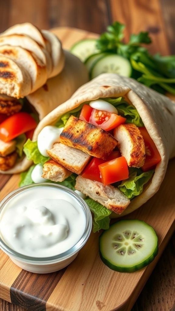 Grilled chicken pita sandwich with lettuce, tomatoes, and yogurt sauce on a wooden board with cucumber slices.
